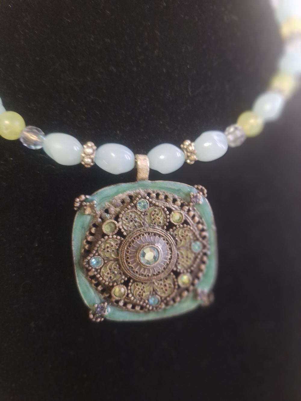 Green Filigree Medallion Pendant Necklace with Beaded Chain